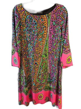 Muse Womens 10 Retro Psychedelic Paisley Print Lined Jersey Shift‎ Dress 3/4